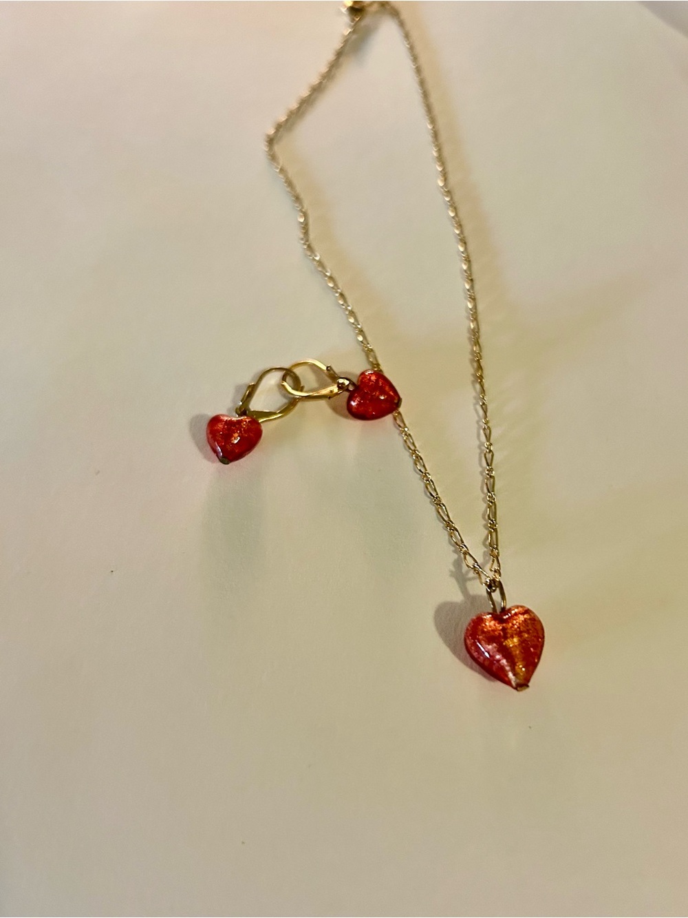 Red Glass Heart Pendant Gold tone Necklace and Earrings Set